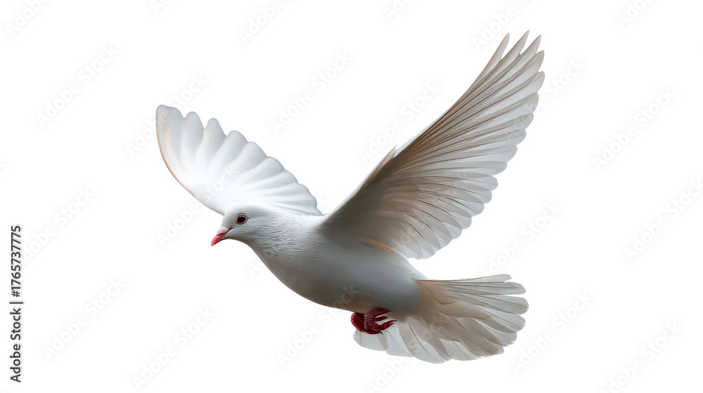Obraz premium Pure White Dove in Flight: A pristine white dove, symbolizing peace, soars gracefully through the air, its wings outstretched in a moment of serene freedom.