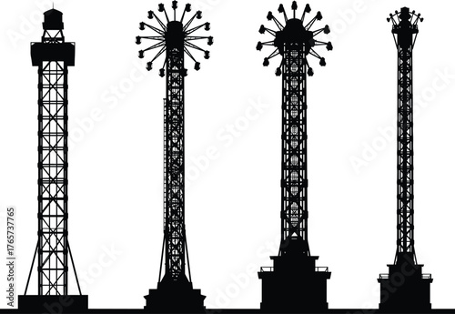 Silhouette amusement park rides, vertical thrill towers, swing ride structures, drop tower attraction, observation tower design, white background, theme park entertainment, outdoor fun architecture