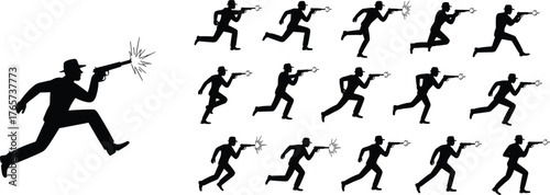 Silhouette man running with gun, action pose, dynamic movement, animation frame sequence, black figure, crime concept, vintage detective style