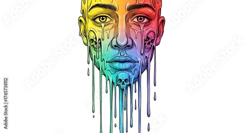 Colorful Melting Skull Face Art with Dripping Water Effect in Vibrant Rainbow Tones