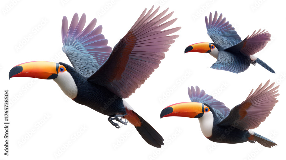 Naklejka premium Majestic Toucans in Flight: Three toucans, showcasing their striking plumage and oversized beaks, soar gracefully through the air, embodying freedom and exotic beauty.