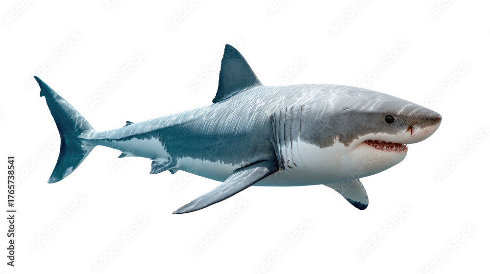 Fototapeta premium Ocean's Apex Predator: A captivating depiction of a formidable great white shark, showcasing its powerful form and razor-sharp teeth, set against a backdrop of the deep blue sea.