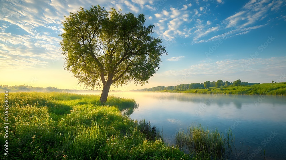 Fototapeta premium Serene Lakeside View Solitary Tree, Misty Water, and Golden Sunrise Under Wispy Clouds