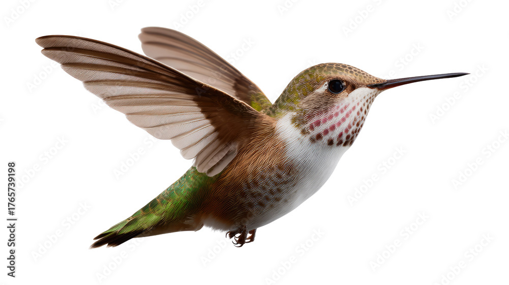 Obraz premium Hummingbird in Flight: A vibrant hummingbird in mid-flight, wings spread, showcasing its delicate form and colorful plumage, embodying grace and agility.