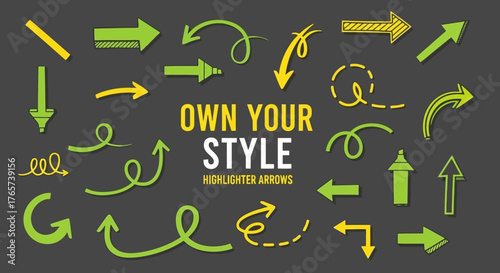 Vibrant collection of hand-drawn green and yellow arrows, perfect for highlighting content, guiding direction, and adding a playful, illustrative touch to designs