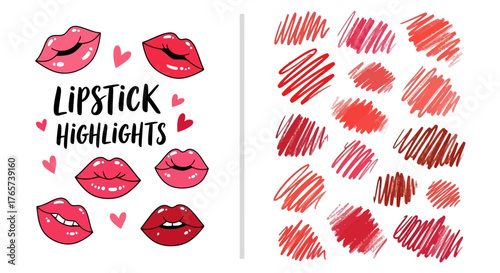 Vibrant collection of hand-drawn lipstick swatches and playful lip illustrations, ideal for beauty and cosmetic design projects featuring diverse shades of red and pink