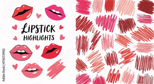 Colorful vector art featuring artistic lip designs with vibrant lipstick shades and textured cosmetic swatches, ideal for beauty and fashion branding