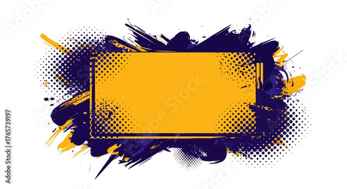 Dynamic abstract graphic design frame with grunge paint splatters and halftone texture. A modern artistic element for creative banners, text backgrounds, and digital projects