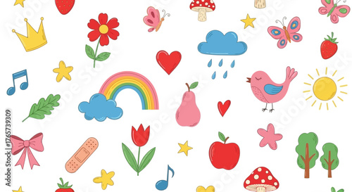 A cheerful and colorful assortment of charming cartoon illustrations, perfect for children's designs, featuring playful nature elements, sweet objects, and joyful symbols