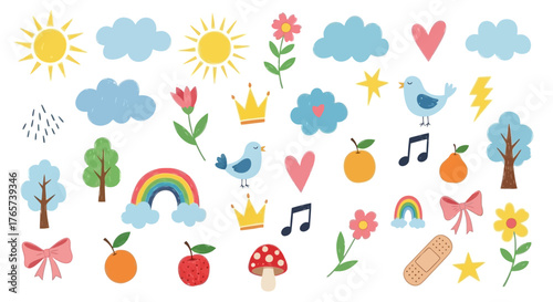 Adorable Hand-Drawn Vector Elements Set Cute Illustrations of Nature, Hearts, Music, and Everyday Objects for Creative Projects and Children's Designs