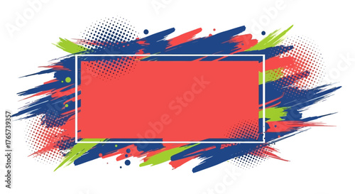 Dynamic abstract frame with vibrant paint brush strokes in blue, green, and red, featuring halftone texture. Ideal for modern graphic design backgrounds and creative banners