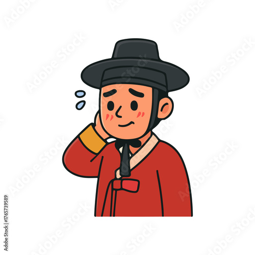 Shy korean man scratching neck awkwardly. Embarrassed man wearing traditional hanbok.