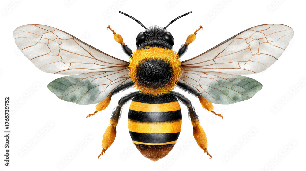 Obraz premium Busy Bee Close-up: a single bee in sharp detail shows its wings spread for flight, against an airy background.