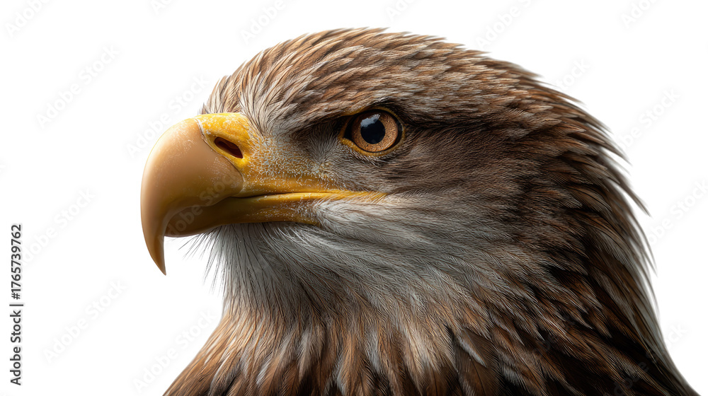Obraz premium Majestic Gaze: An eagle's head in a close-up, revealing the bird's keen eye and strong beak, showcasing the power and focus of a majestic raptor.
