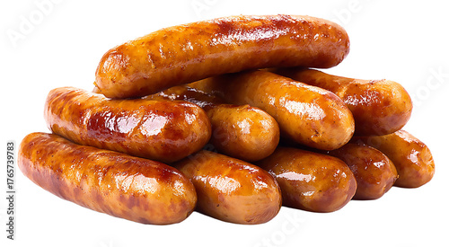 A pile of browned sausages stacked on top of each other on  a isolated on transparent background