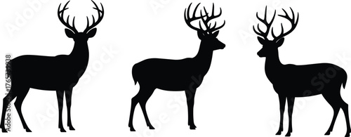 Silhouette of three majestic deer with large antlers standing gracefully in nature, wildlife illustration, animal shapes, forest art design
