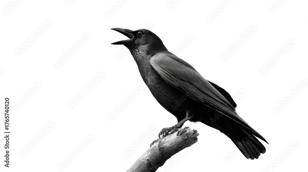 Fototapeta premium A Raven's Call: A striking raven, perched on a branch, emits a resonant call against a stark background, evoking a sense of mystery and the wild.