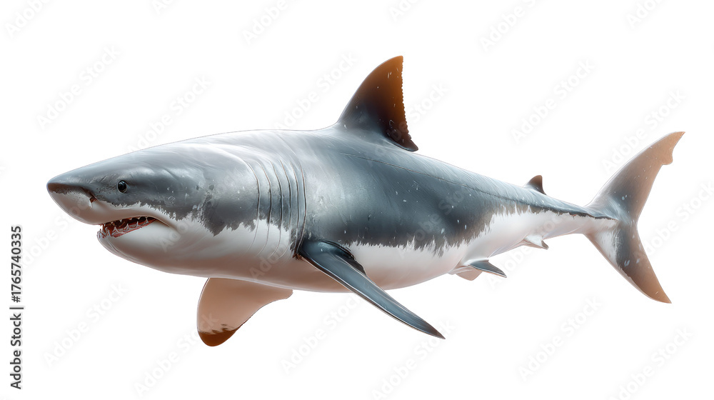 Fototapeta premium Great White Shark: This image showcases a majestic great white shark in all its glory, highlighting its sleek form and formidable presence. Capture the raw power of the ocean's apex predator.