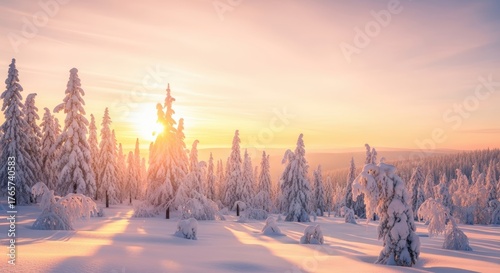 Snowy Winter Forest Scene with Sun Setting Over Frosted Trees in Pink and Orange Light