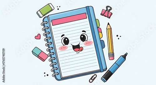 Cute Animated Notebook with Happy Facial Expression Surrounded by Stationery Items