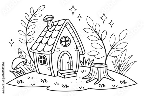 An enchanted forest clearing with a detailed fairy house on a tree stump, surrounded by glowing mushrooms, magical vines, and sparkling leaves, line art, coloring page, clean black outline, white back