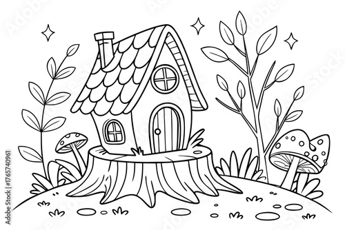 An enchanted forest clearing with a detailed fairy house on a tree stump, surrounded by glowing mushrooms, magical vines, and sparkling leaves, line art, coloring page, clean black outline, white back