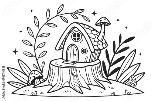 An enchanted forest clearing with a detailed fairy house on a tree stump, surrounded by glowing mushrooms, magical vines, and sparkling leaves, line art, coloring page, clean black outline, white back