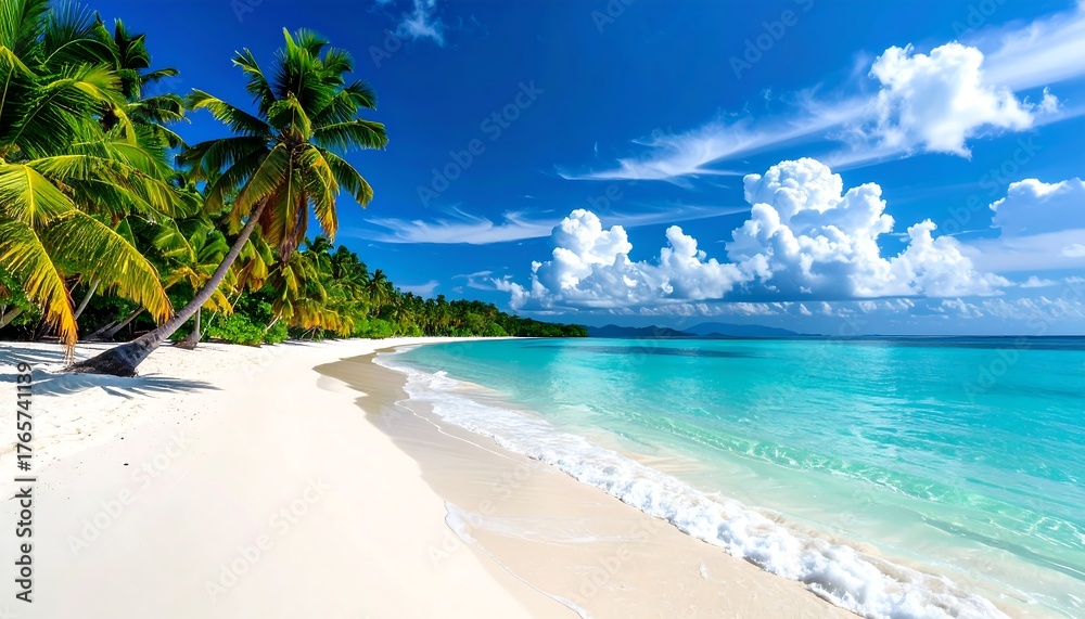 Fototapeta premium Tropical beach paradise with turquoise water, white sand, palm trees, and fluffy clouds on a vibrant blue sky