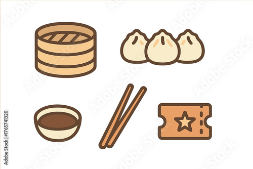 Asian dim sum food icons set featuring bamboo steamer, dumplings, and dipping sauce