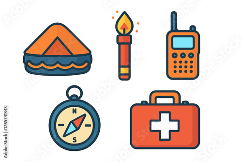 Essential equipment for outdoor survival and emergency preparedness including compass, first aid kit, radio, and tent
