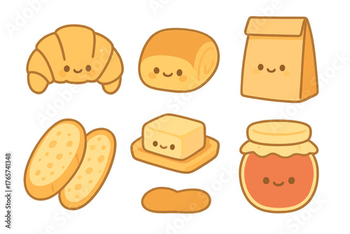 Cute cartoon breakfast set featuring croissant bread butter and jam characters