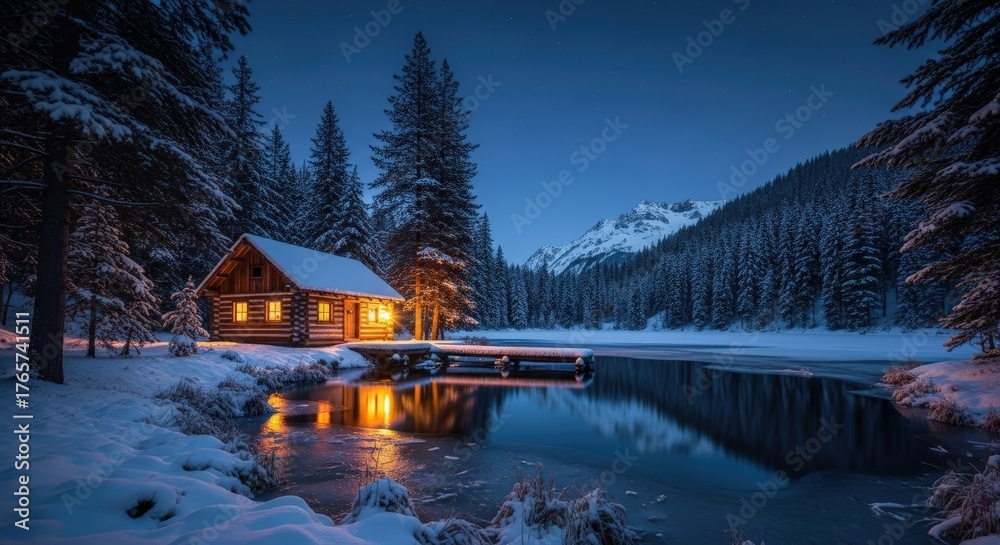 Obraz premium Cozy Log Cabin Illuminated in Snowy Forest at Night with Mountain Background