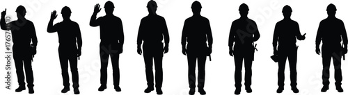 Silhouette construction workers, hard hats, tool belts, various poses, safety gear, black and white, occupational labor icons, industrial workforce illustration, gesture diversity