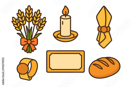 Flat design icons of harvest and dining elements: wheat, candle, bread, and napkin