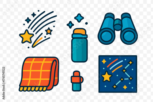 Colorful set of items for stargazing and outdoor night activities: binoculars, blanket, thermos, and shooting stars