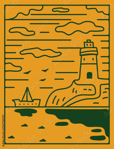 Minimalist vector illustration featuring a lighthouse on a cliff by the sea with a sailing ship, birds, and clouds. Simple two-tone flat design in warm earthy tones, perfect for travel posters, nautic