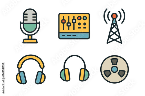 Colorful symbols for audio recording, sound mixing, radio broadcasting, and communication equipment
