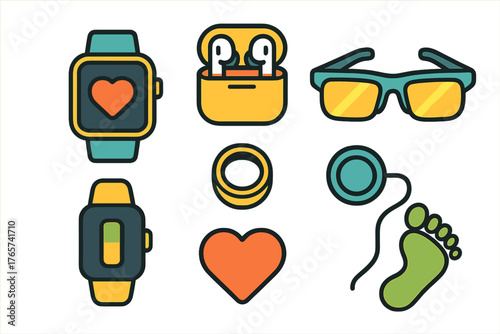 Modern wearable technology devices including smartwatches, wireless earbuds, sunglasses, and health sensors
