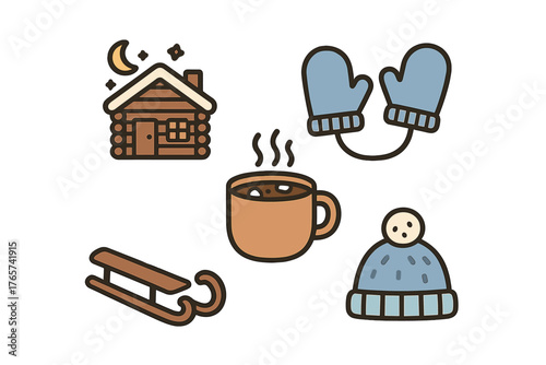 Cozy winter items including a log cabin, hot chocolate mug, mittens, knit hat, and wooden sled