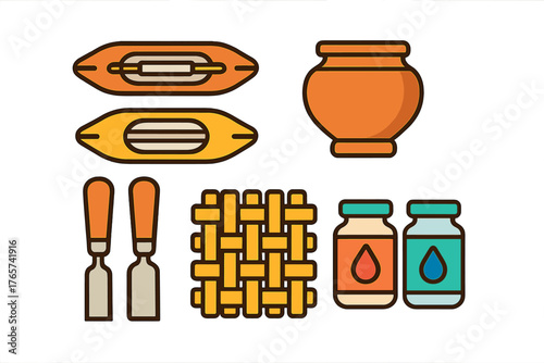 Set of traditional craft tools and elements including weaving shuttles, ceramic pot, and textile pattern