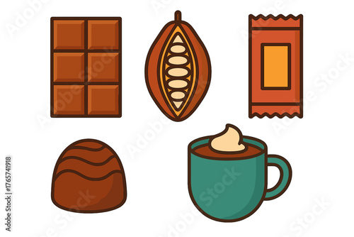 Various chocolate products and cocoa ingredients including bar, truffle, pod, and hot drink