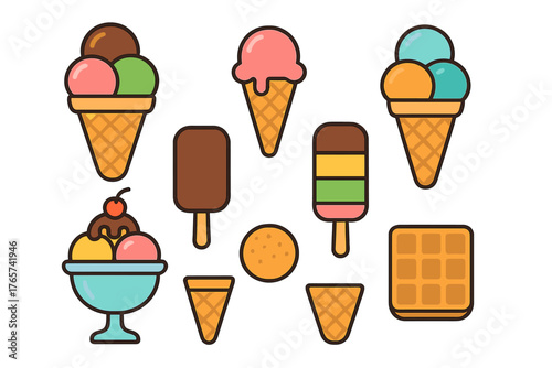 Colorful assortment of frozen desserts and sweet snacks including ice cream cones and popsicles