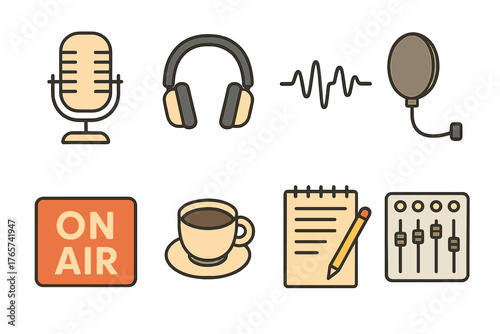 Essential icons for podcasting, radio broadcasting, and audio production studio equipment