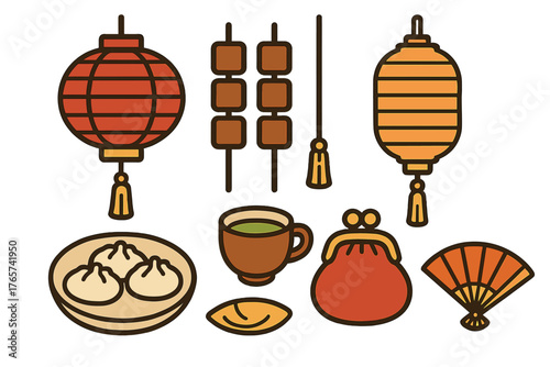 Asian culture and cuisine symbols featuring lanterns, dim sum, skewers, fan, and tea cup