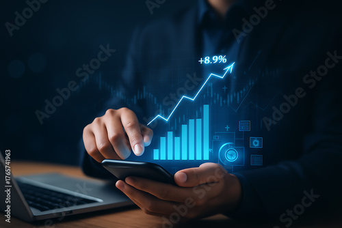 Digital financial analysis with glowing bar chart and growth percentage hologram symbolizing profit business success and investment strategy