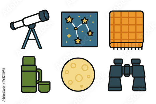 Astronomy and outdoor observation icons featuring telescope, binoculars, moon, and blanket