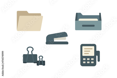 Collection of essential office supplies including folder, stapler, binder clips, and file organizer
