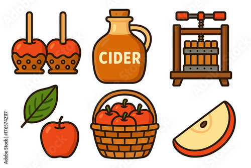Autumn harvest and cider making items: caramel apples, cider jug, apple press, and fruit basket
