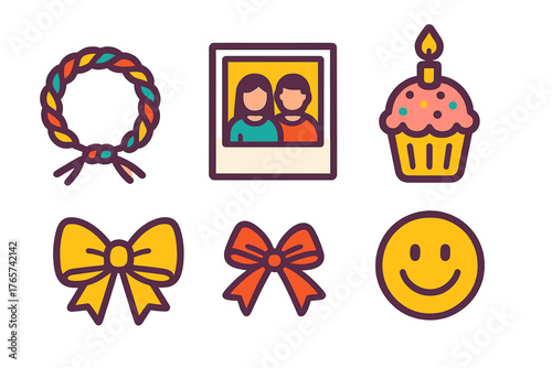 Colorful set of celebration elements including gift bows, birthday cupcake, couple photograph, and happy face