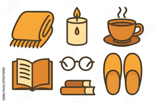 Cozy autumn and winter comfort items set: blanket, candle, hot drink, book, and slippers